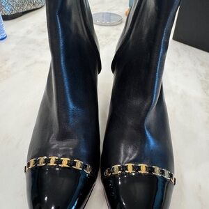 Salvatore Ferragamo Black Leather Ankle Booties with Gold Chain Trim